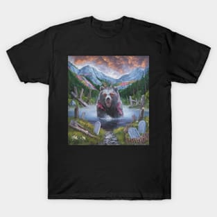 watercolor zombie bear in lake with horns T-Shirt